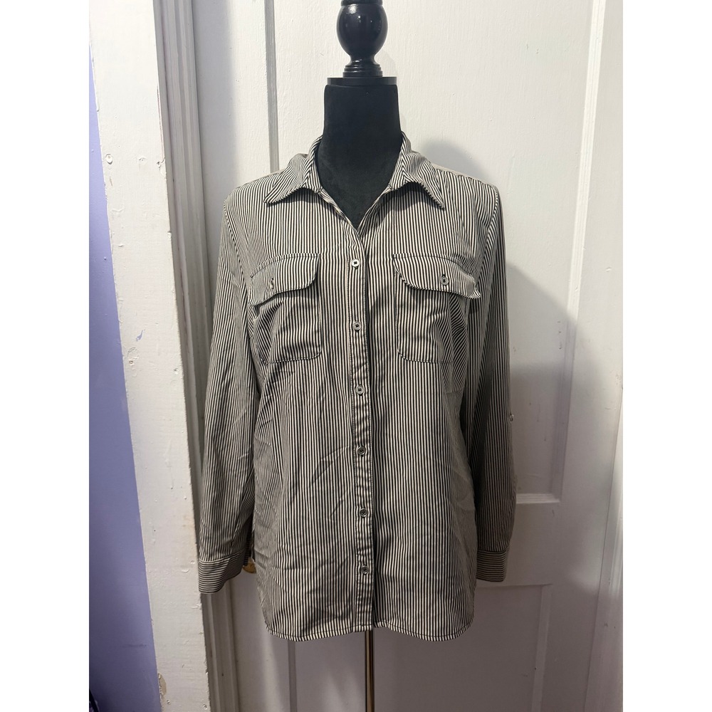 Notations Black and White Striped Long Sleeve Button Down Blouse Top Medium